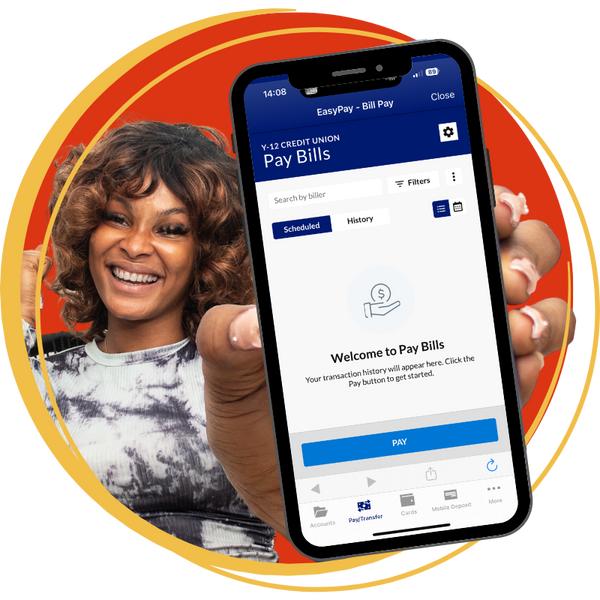 Woman holding a phone with Bill Pay on the screen.