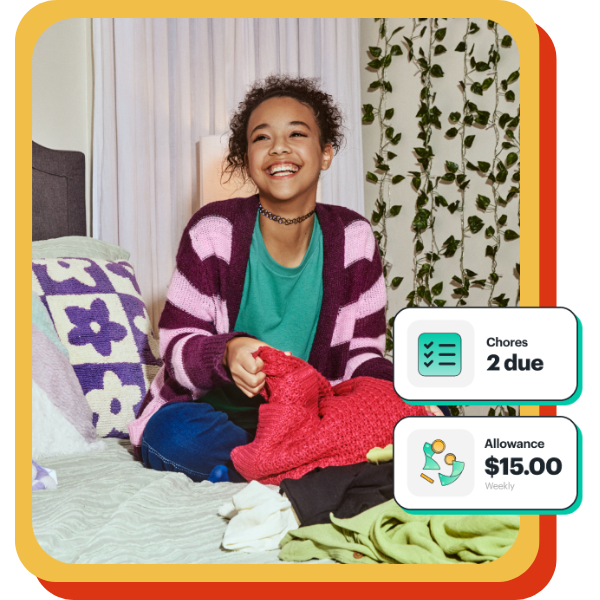 Girl with chore icons.