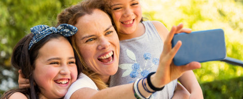 Mother and daughters taking a selfie.